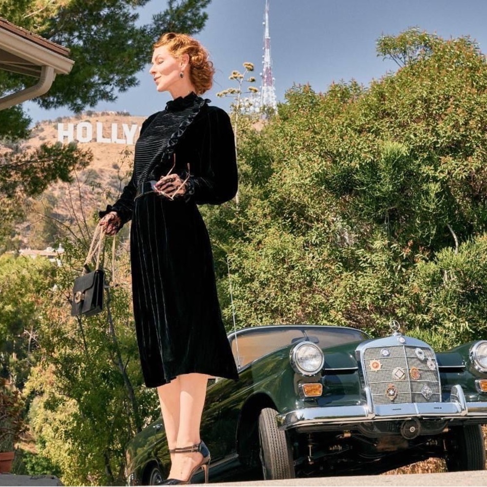 Real vintage (about 60 years) Velvet Midi Dress with Ruffle Trim